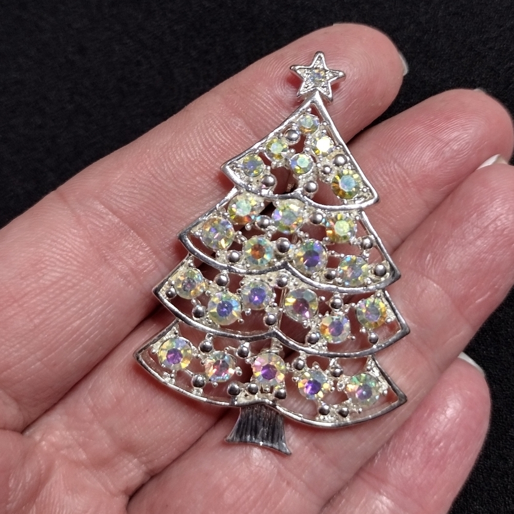 Eisenberg Ice Silver Christmas Tree Brooch with Multicolor Crystals